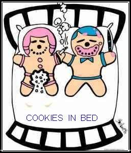 I have found a secret way toeat cookies in bed. Don't tell the veggie person!